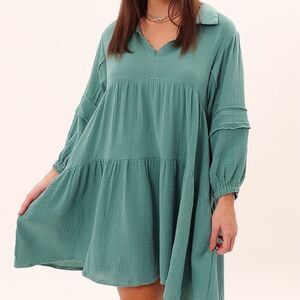 NWT &merci Dusty Teal Long Sleeve Tiered Peasant Distressed Dress w/ Collar Sz L